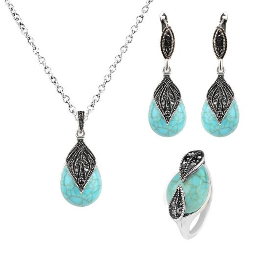 

Винтажный лист с подвеской из искусственной бирюзы, ожерелье, кольцо, серьги на спине, комплект ювелирных изделий US 8 серебряный/синий