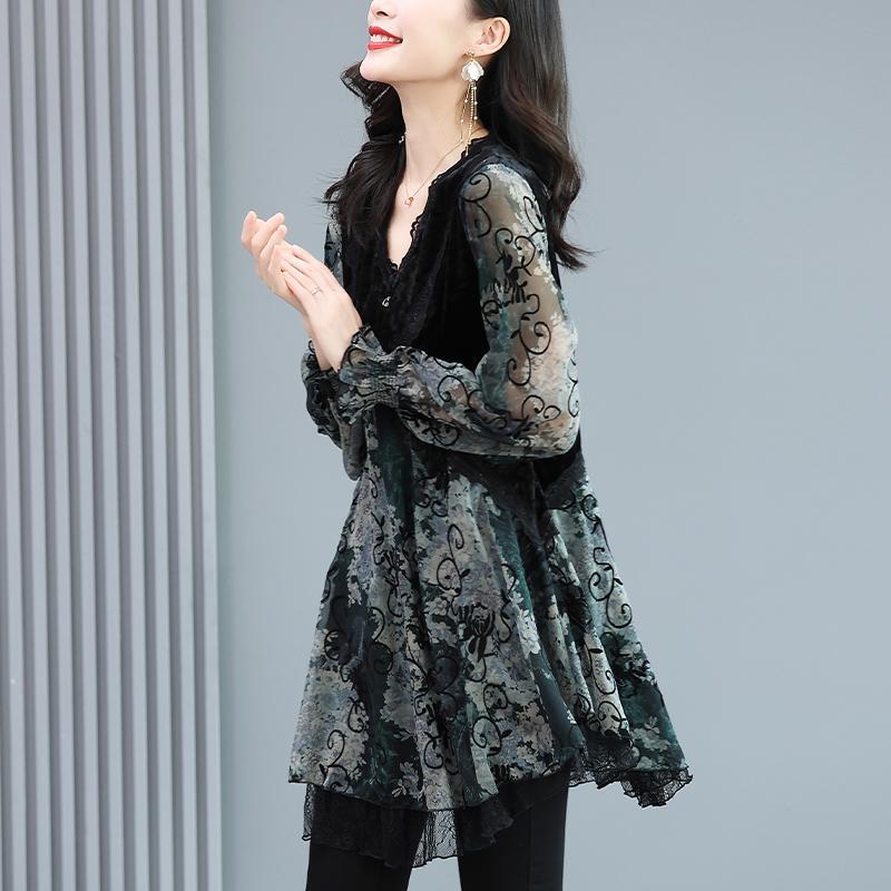 Woman Spring Autumn Style Chiffon Blouses Tops Lady Casual V-Neck Long Sleeve Long Blusas Tops