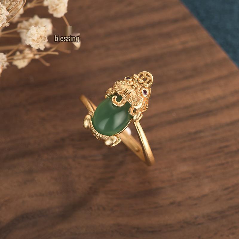 

Ethnic Style Brass Gold-Plated Pixiu Ring with Chalcedony Adjustable Open