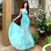Summer French Elegant Light Green Vintage Printed Mesh Suspender Dress Waist Wrap Hips Mopping Floor Long Dress