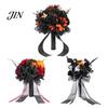 Faux Flower Bouquet Gothic Style Wedding Bouquets for Bride And Bridesmaid, Artificial Halloween Bouquet, Cobweb Arrangement Black Rose Blooms