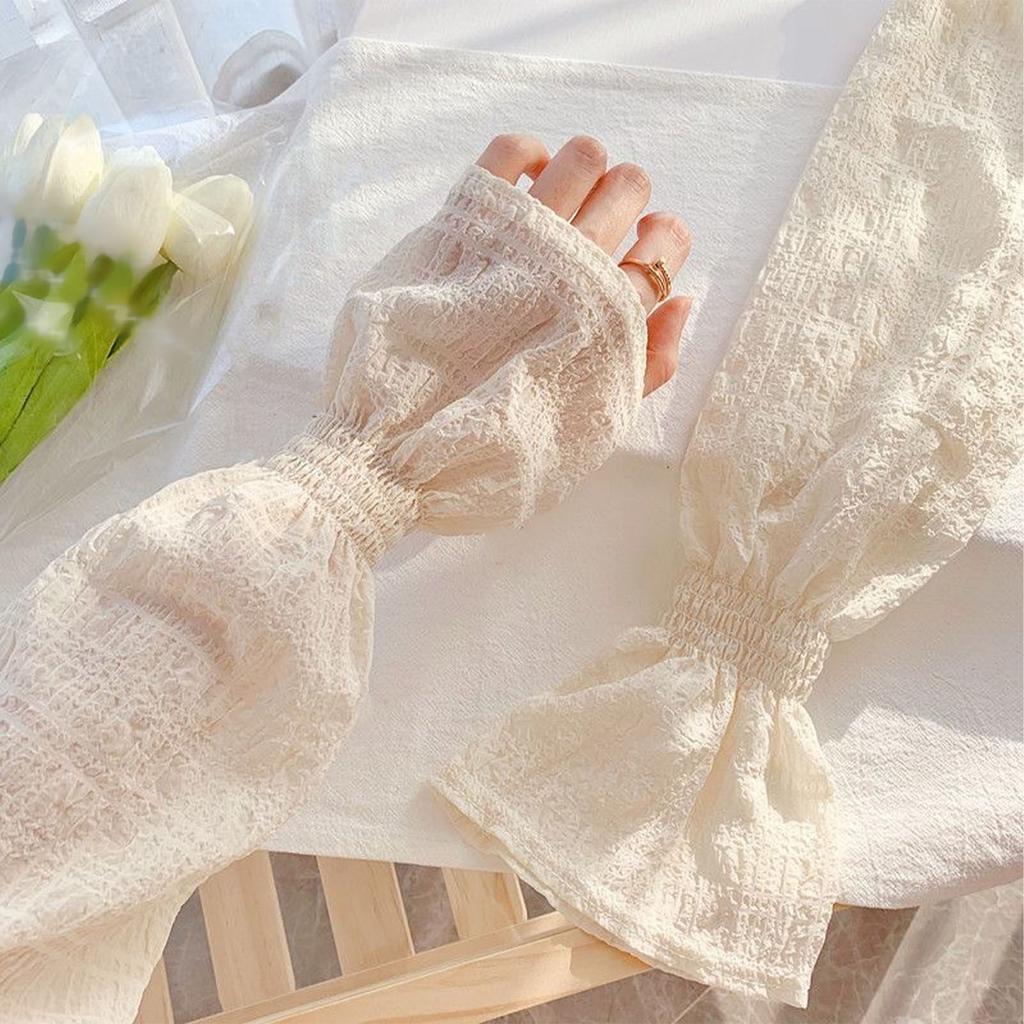 Ice Silk Arm Cover Sun Protection Pleated Puff Bubble Sleeves Women Summer Accessories Beige