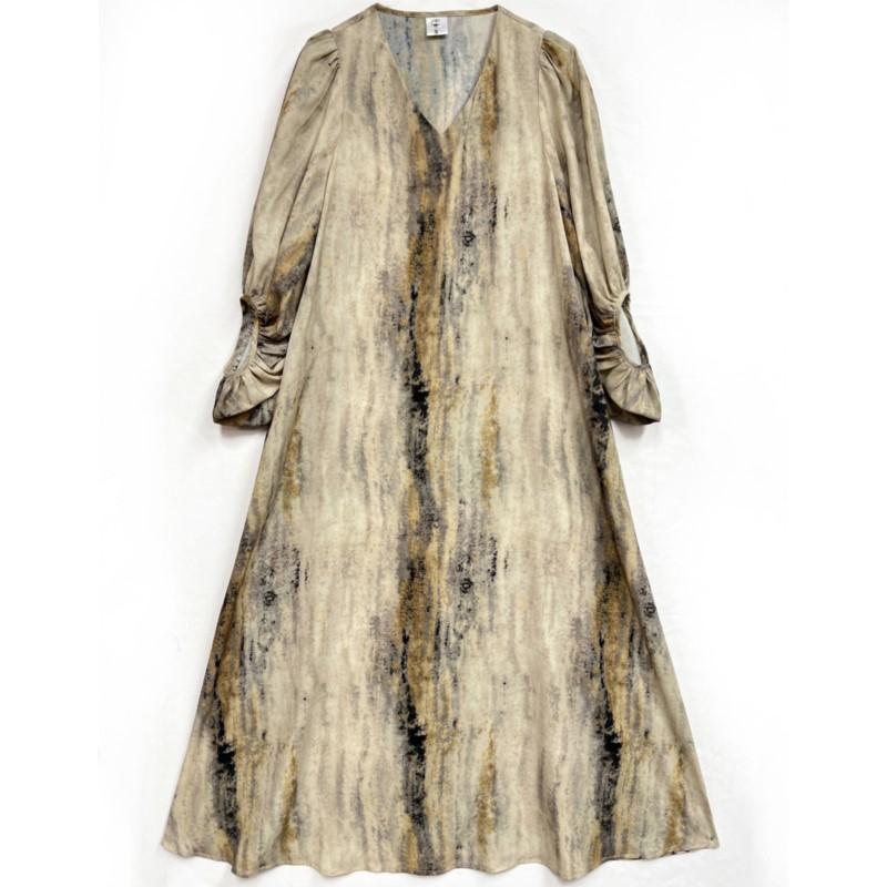 Johnature Summer Woman Balloon Sleeves Vintage Style Loose V-Neck Dress Terylene Half Sleeve Print Casual Dress