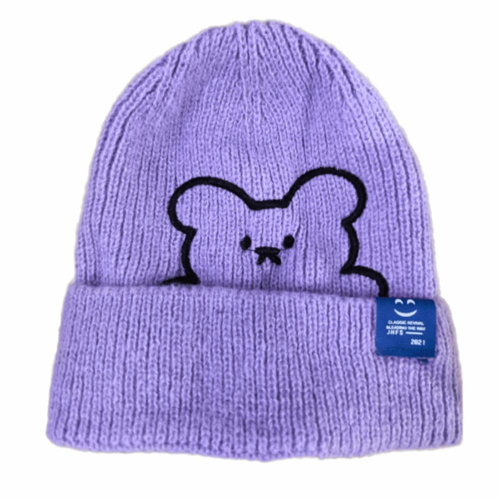 Warm Stripe Winter Embroidered Bear All-match Wool Hat Knitted Hat Korean Style Caps Women Beanies