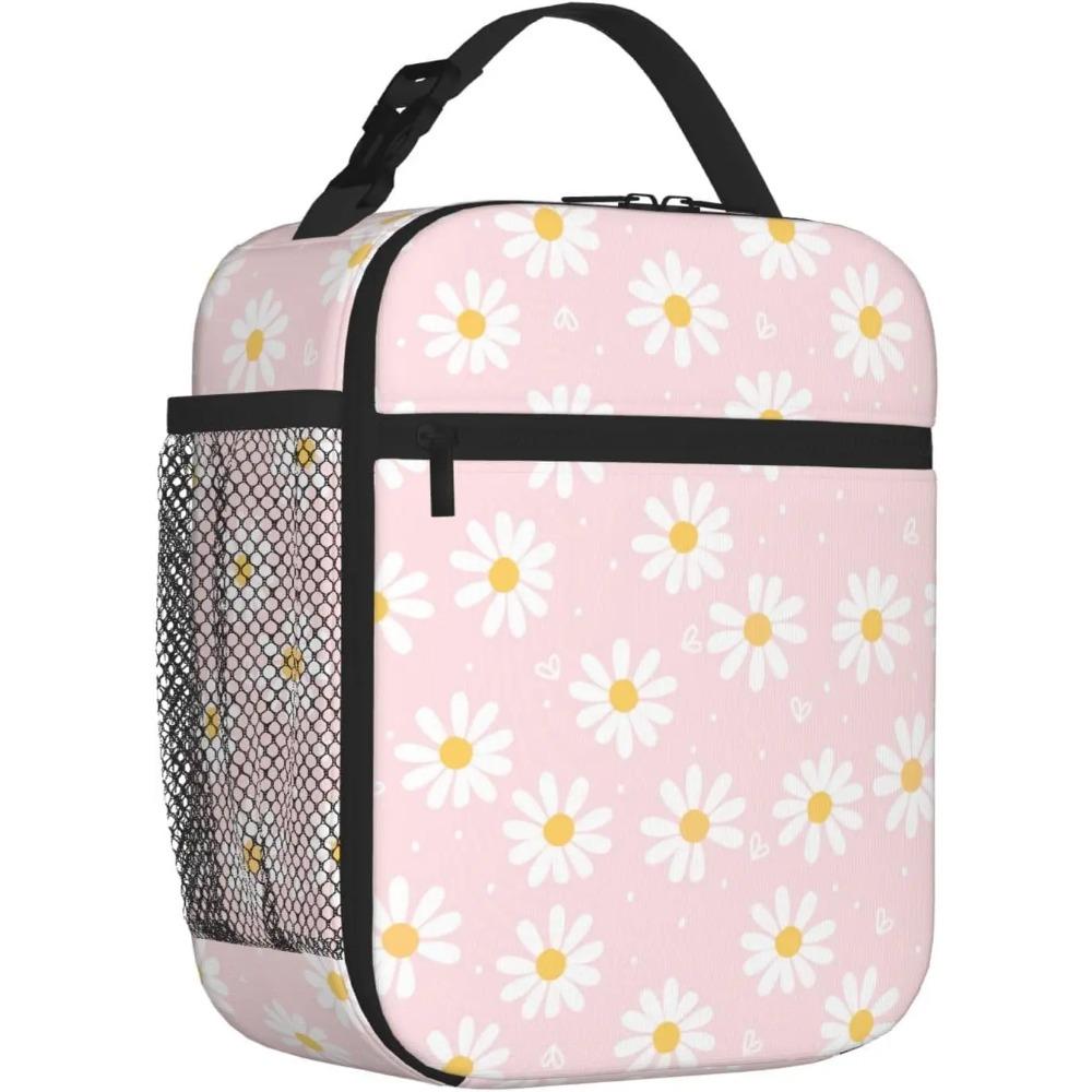Pink Daisy Flower Insulated Lunch Bag Kids,Kids Lunch Box for Girls Boys,Bento Lunch Box Cooler Bag with Front Pocket for Women