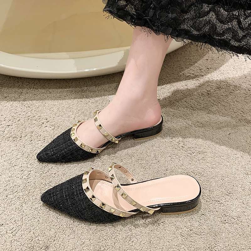 Fashion Rivet Baotou Half Slippers Women's Summer Wear New Thick Heel Pointed Head Low Heel Lazy Muller Fairy Cool Slippers
