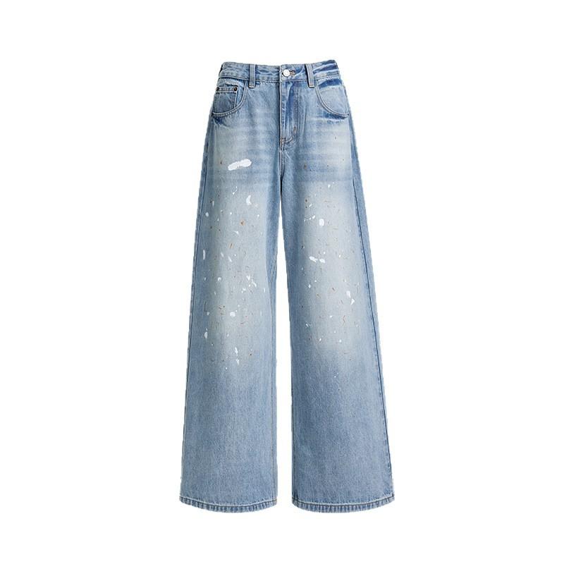Light Blue Ink Splashing Straight Jeans Women's Summer Thin American Retro Loose and Thin Wide-leg Pants