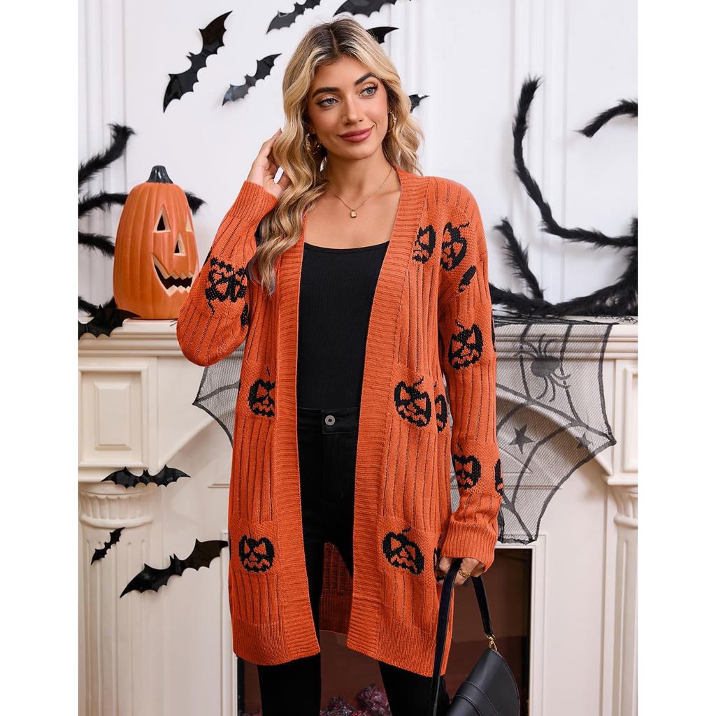 Women's V Neck Long Sleeve Pumpkin Print Knit Open Front Mid Length Cardigan