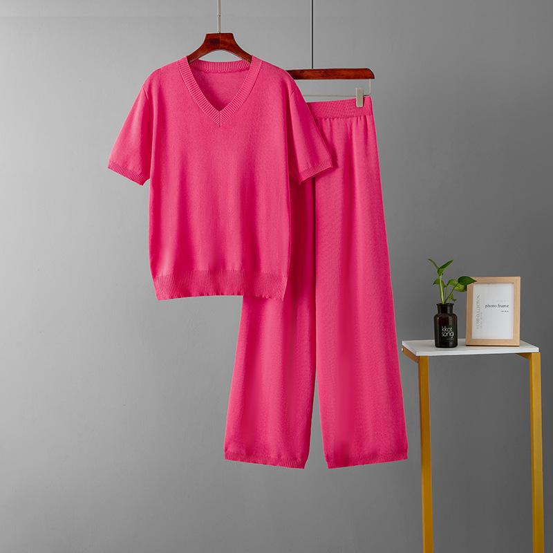 

Women s V Neck Loose Split Knit Top Two Piece High Waist Waist Drop Straight Leg Pants Suits OneSize рожевий червоний колір