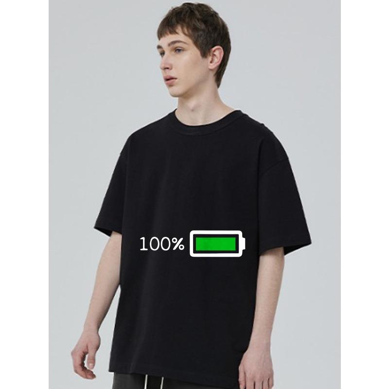 Black T Shirt with 100 Percent Battery Icon Print for Casual Wear