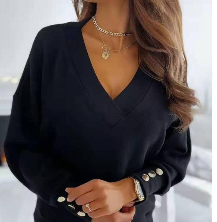 Fashion Knitted Women's Pure Soft Long-sleeved Knitted Women's Tops V-neck Pullover Office Women's Button Loose Casual Pullover Tops