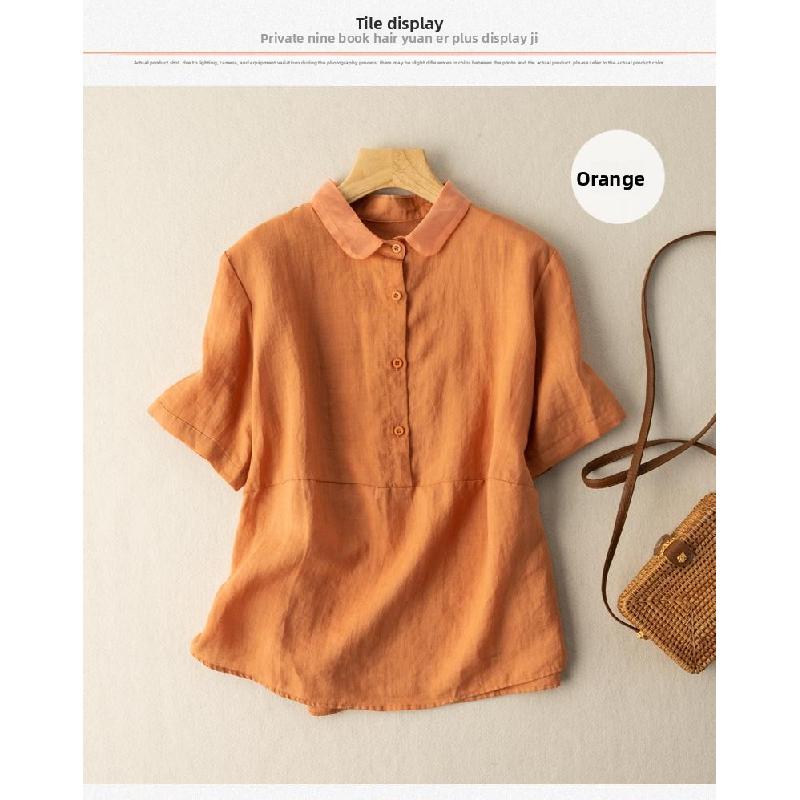 Solid Color Short-Sleeve Pullover Linen Shirt for Women, Vintage Hong Kong Style Cotton-Linen Blouse, 2026 Spring/Summer New Arrival