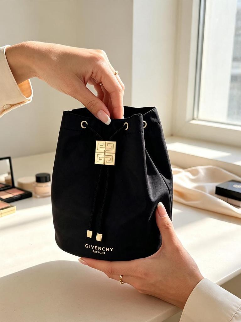 Givenchy Black Drawstring Cosmetic Bag, Portable Bucket‑Shaped Makeup Pouch, Travel Storage Toiletry Bag for Women Daily Use