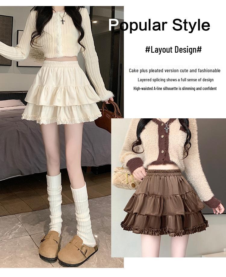 Women's Slimming Velvet Double Layer A-line Skirt with High Waist and Puffy Cake Design for Spring and Autumn.