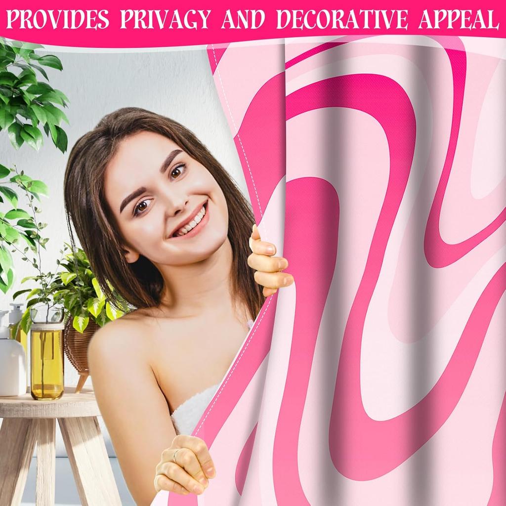 Pink Shower Curtain Cute Preppy 70s 80s Abstract Wave Swirl Shower Curtain with 12 Hooks Girly Bathroom Accessories