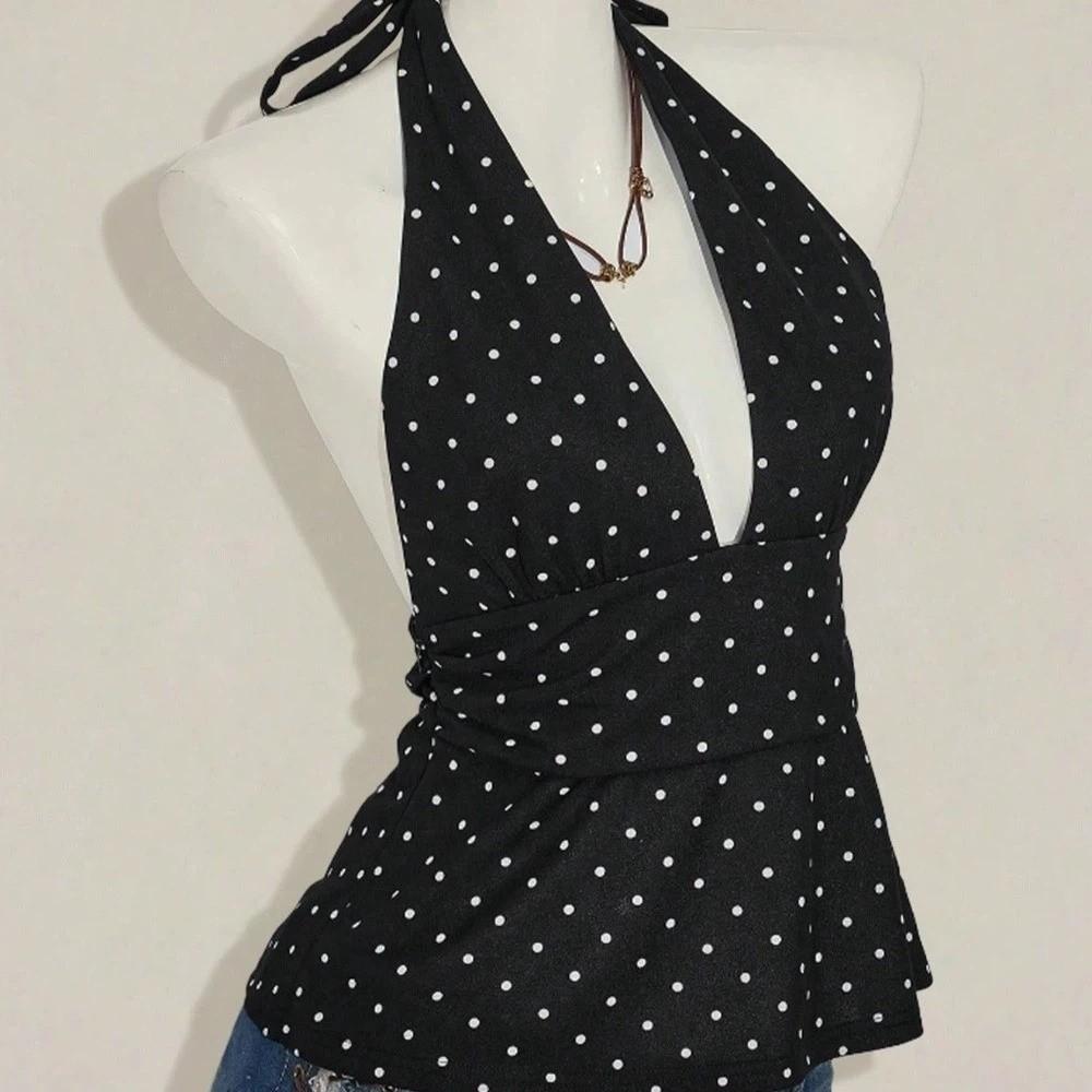 Deep V Neck Lace-up Dots Camisole Pleated Halter Ruffle Vest Ins Style Women Crop Top Girl