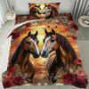 2/3Pcs Elegant Horse And Rose Duvet Cover Set - Vibrant Sunset Design With Two Galloping Horses Red Roses & Golden Accents