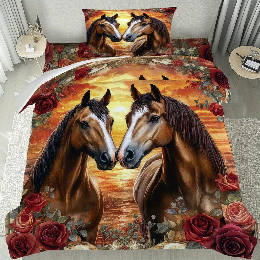 2/3Pcs Elegant Horse And Rose Duvet Cover Set - Vibrant Sunset Design With Two Galloping Horses Red Roses & Golden Accents