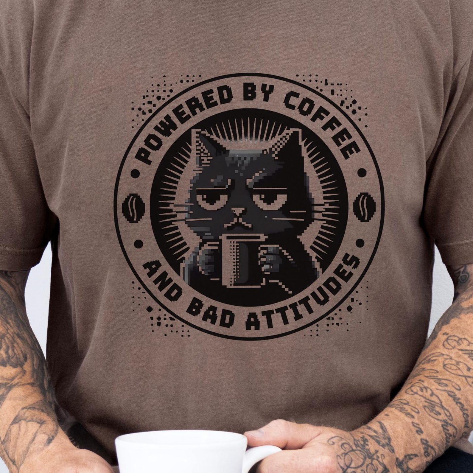Funny Cat Coffee Shirt - Grumpy Cat t shirt Lover Top, Goth Aesthetic Coffee Addict T-Shirt, Powered by Coffee & Bad Attitudes Gift 2XL