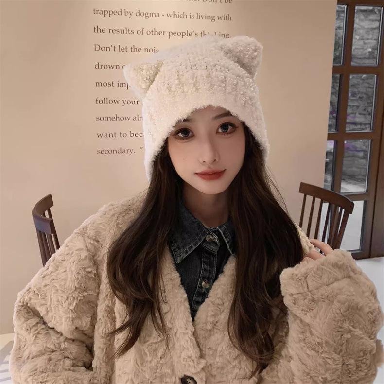 Winter Cute Bear Ears Knit Hat Korean Style Warm Fleece Lined Earflap Beanie For Women Fashionable And Cozy Crochet Cap