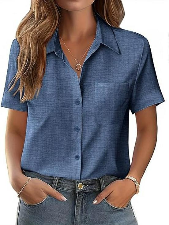 

2026 Spring/Summer Retro Slim Solid Color Lapel Short Sleeve Women s Shirt XXL темно-синього кольору
