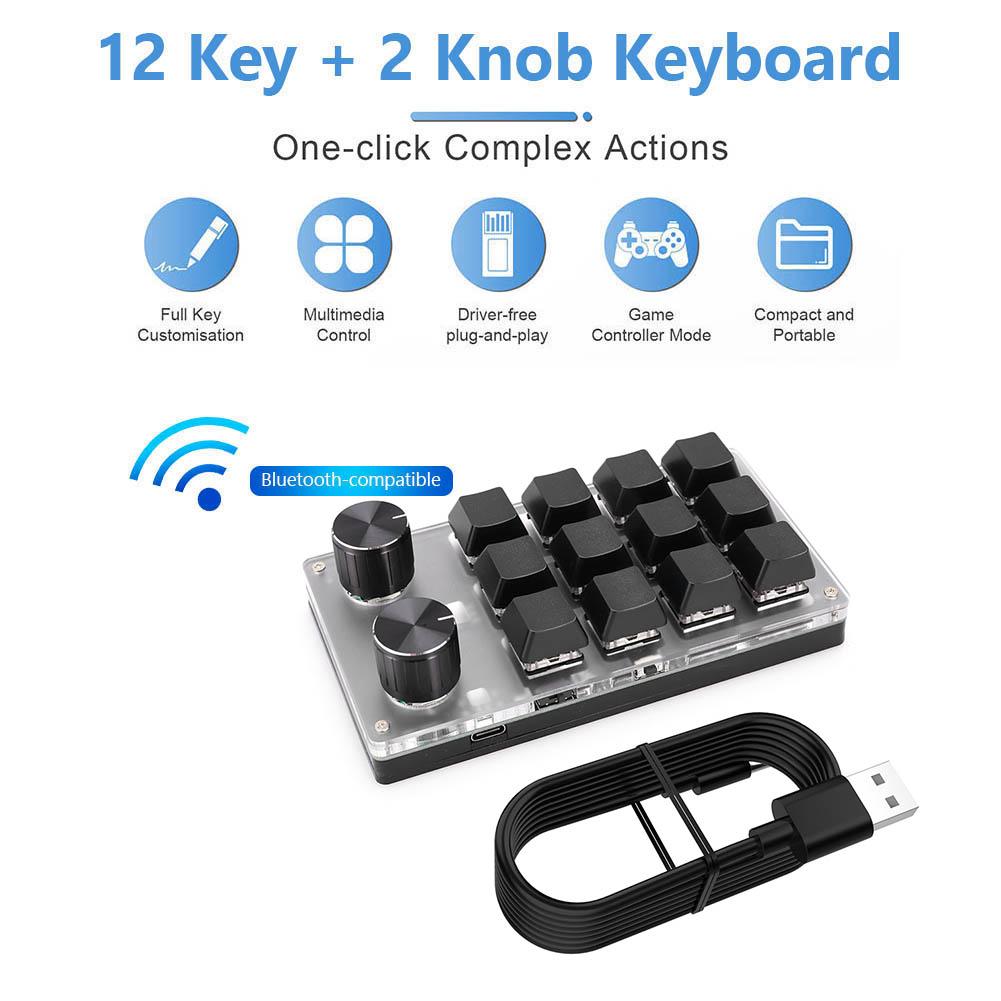 12 Key 2 Knob Programming Macro Knob Keyboard Bluetooth/Wired One Handed Mechanical Game Keypad Hotswap Red Switch for Designers