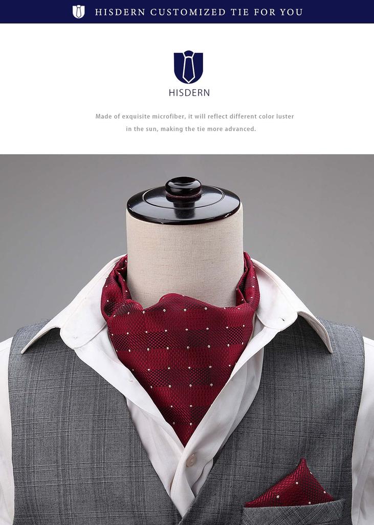 [HISDERN] Ascot Tie Men's Silk Red Wine Red Neck Scarf Formal Polka Dot Stylish Men's Wedding Gentleman RC-04S