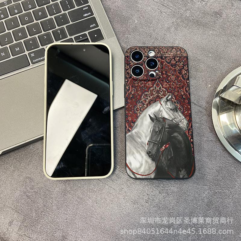 Retro pattern horse suitable for iPhone15 mobile phone case 14PROMAX all-inclusive 13 anti-drop 16/15 protective case 17