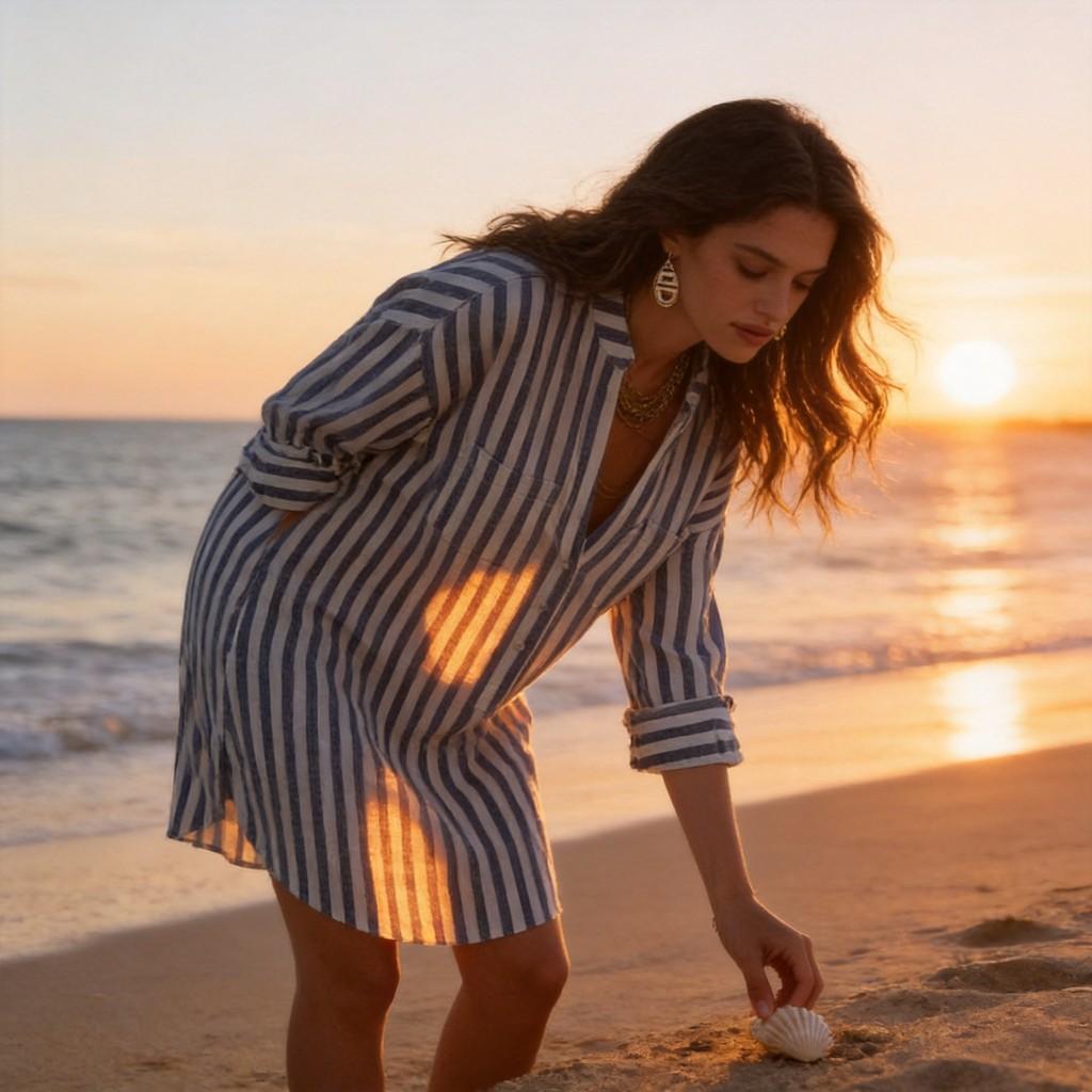 Abito estivo a righe in poliestere con colletto a camicia per vacanze casual al mare
