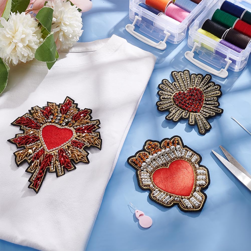 INFUNLY Rhinestone Beaded Heart Patch Sew On Heart Patches for Clothing Christmas Red Decorations Applique Bright Crystal Patches Rhinestones