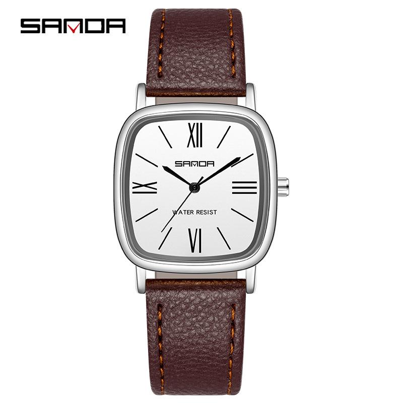 Sanda Women s Retro Square Korean Quartz Watch – Roman Numerals, Artistic, Waterproof