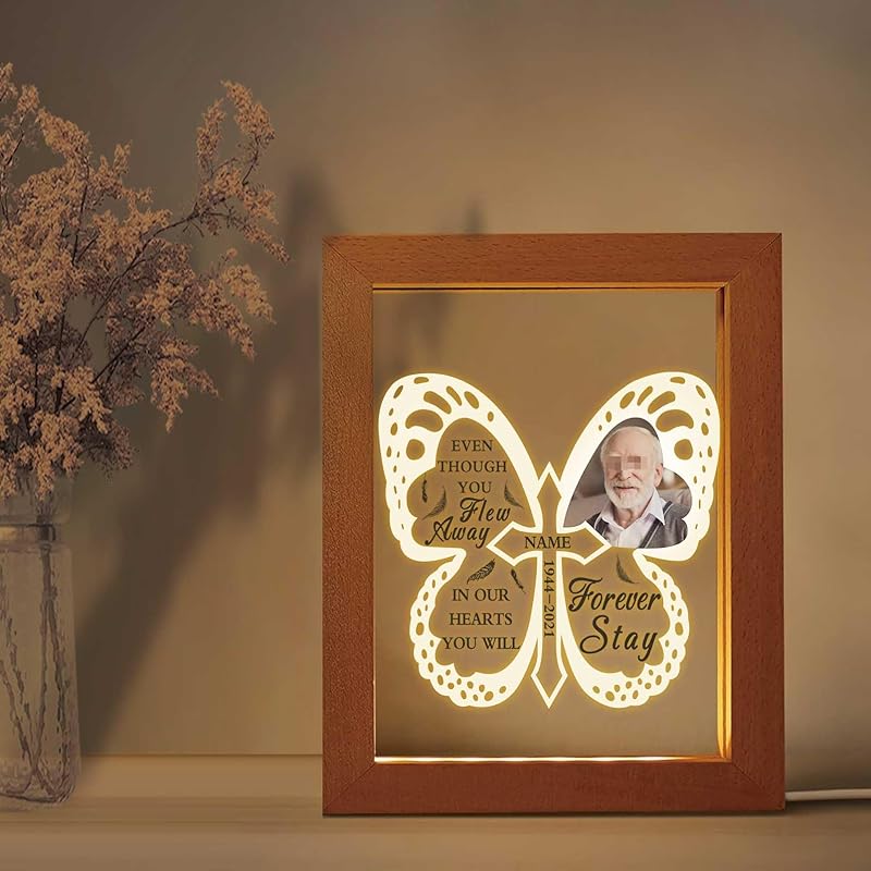 Custom Memorial Night Light with Picture Frames Personalized Acrylic Plaque Sympathy Bereavement Gift with Photo Name Date for Loss of Love(S-Heart