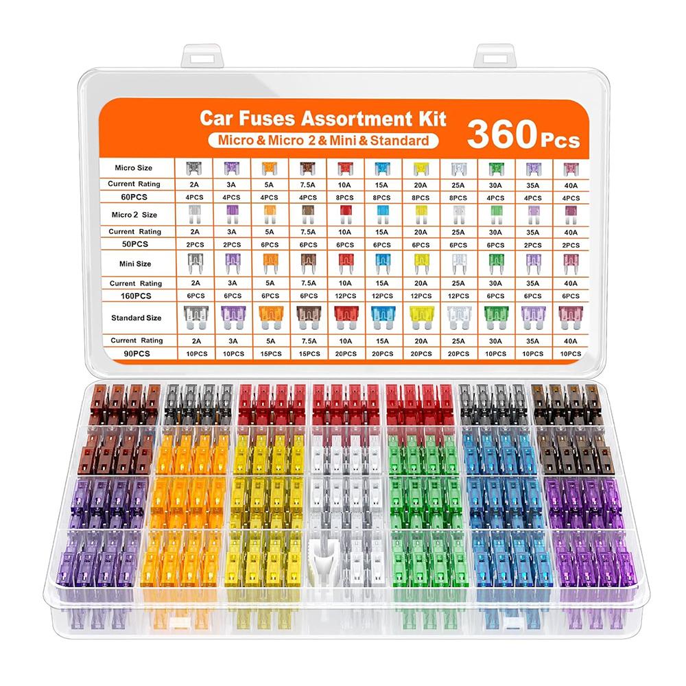 360pcs Of Blade Fuse Assortment Kit,160 Mini Blade Fuses + 90 Standard Fuses + 50 Micro Fuse + 60 Micro2 Fuses (2A -40A) Aluminium