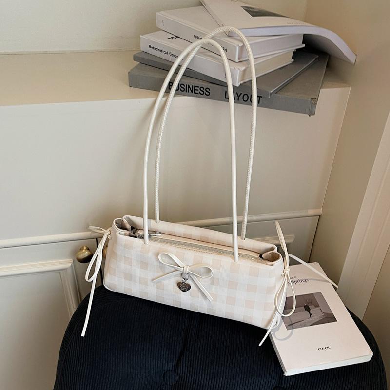 Bow small bag women's summer new fashion plaid baguette bag summer simple commuter shoulder bag