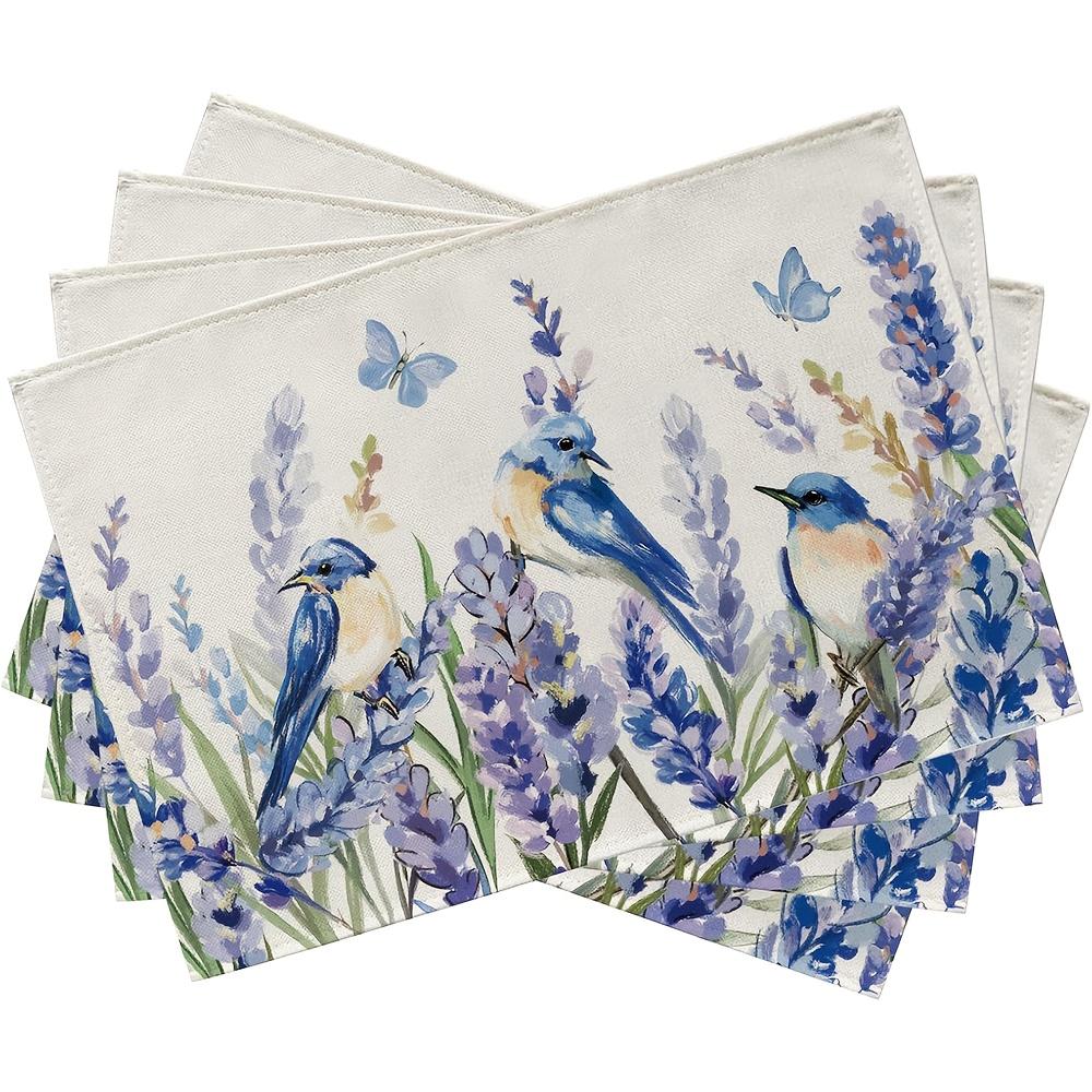 

4pcs Spring Summer Bluebird Flower Placemats Set of 4, Lavender Floral Butterfly Dining Table Place Mats, Seasonal Kitchen Decor 30x45cm-4PC