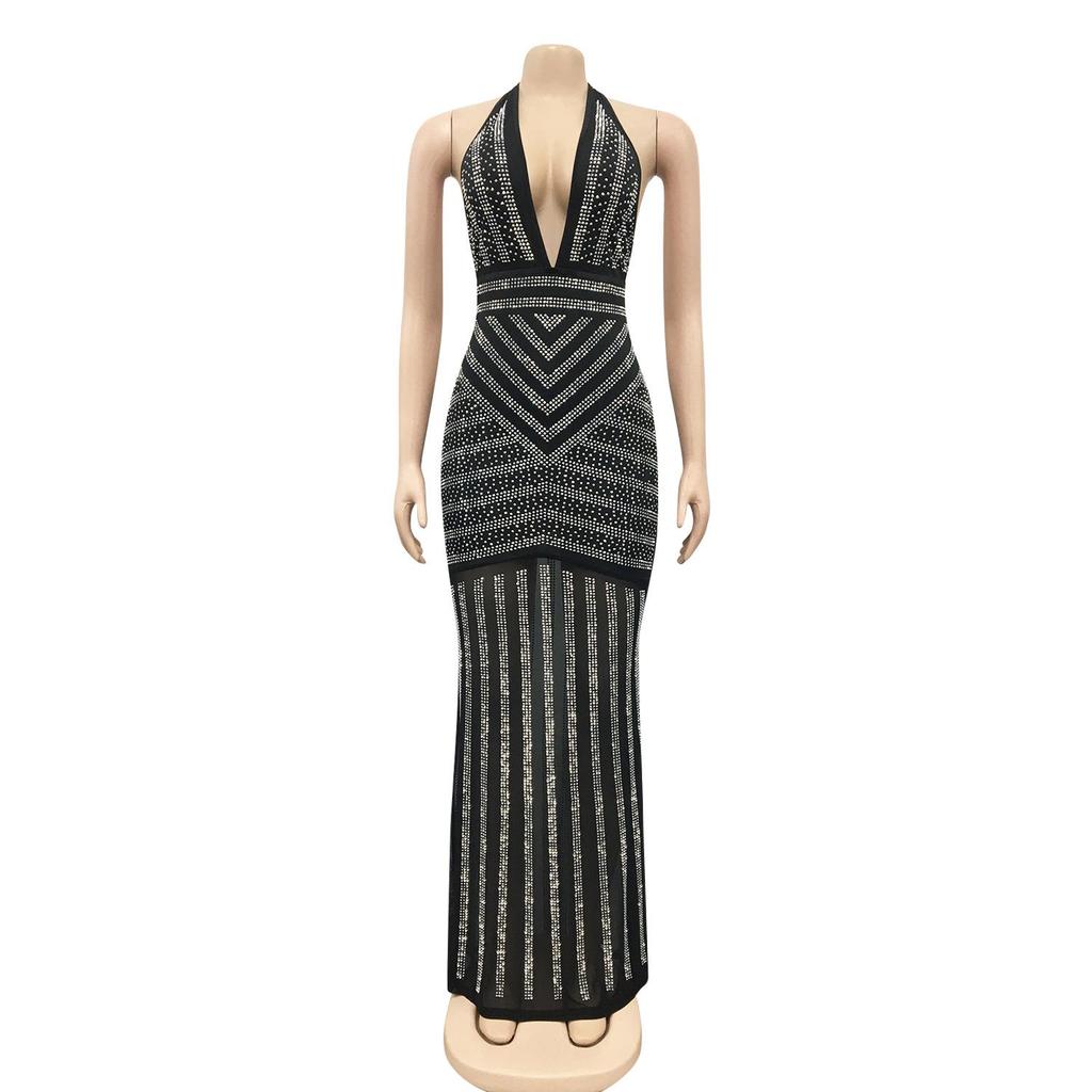 X3816 European Fashion Sexy Deep V Backless Rhinestone Long Nightclub Dress