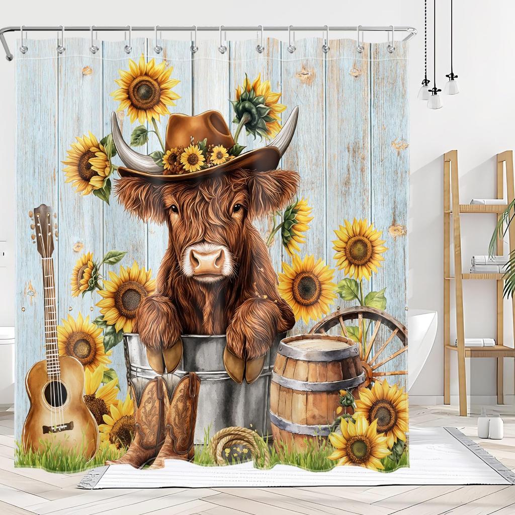 Highland Cow Shower Curtain Rustic Bull Western Farmhouse Cattle Country Restroom Accessories Funny Farm Animal Bathroom Decor