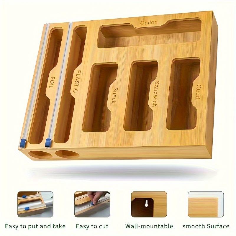 Bamboo Kitchen Organizer for Ziplock Bags,Foil&Plastic Wrap-Multi-Compartment Drawer Storage with Built-in Cutter,Leak-Proof Reusable Food-Safe Design