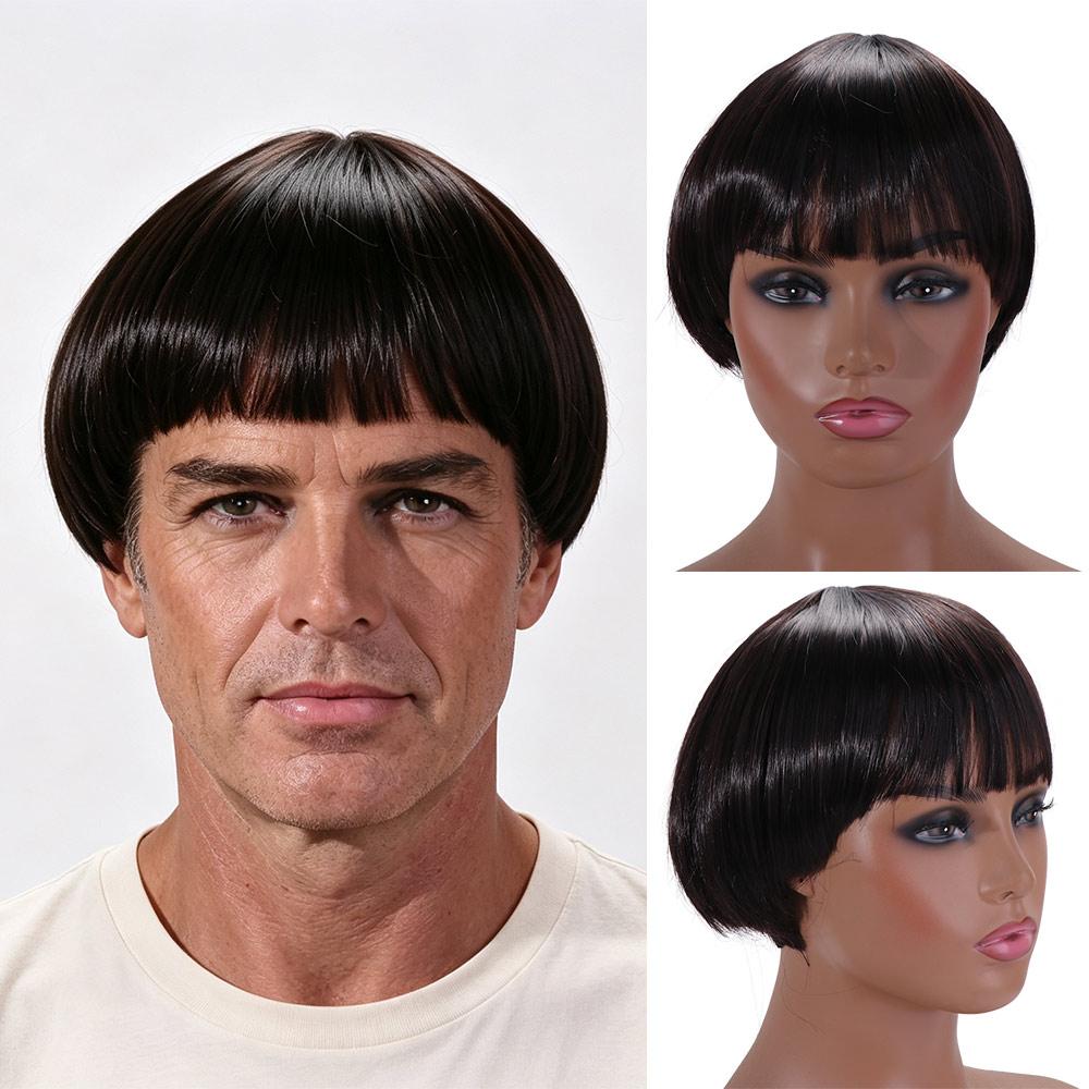 Synthetic Short Mushroom Wig Music Costume Men Brown Cosplay Wig 60's Bowl Cut Wigs  Nightclub Bar