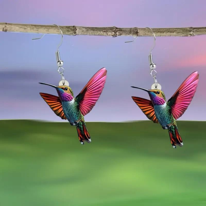 FTCY Acrylic Hummingbird Earrings For Women Retro Style Colorful Bird Drop Earrings Women's Zircon Gifts