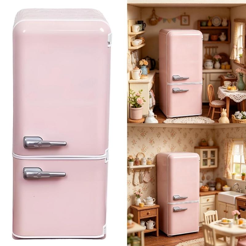 1/12 Scale Pastel Miniature LED Light Refrigerator Realistic Dollhouses Kitchen Accessory For Collectors And Model Enthusias