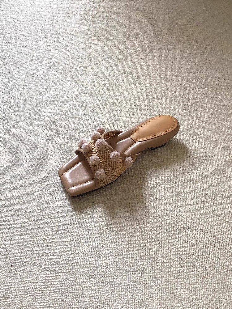 

Soft leather version~ retro vacation wind stepping on shit feeling sandals girl 2025 summer square head slope with lazy straw woven one-word drag 35