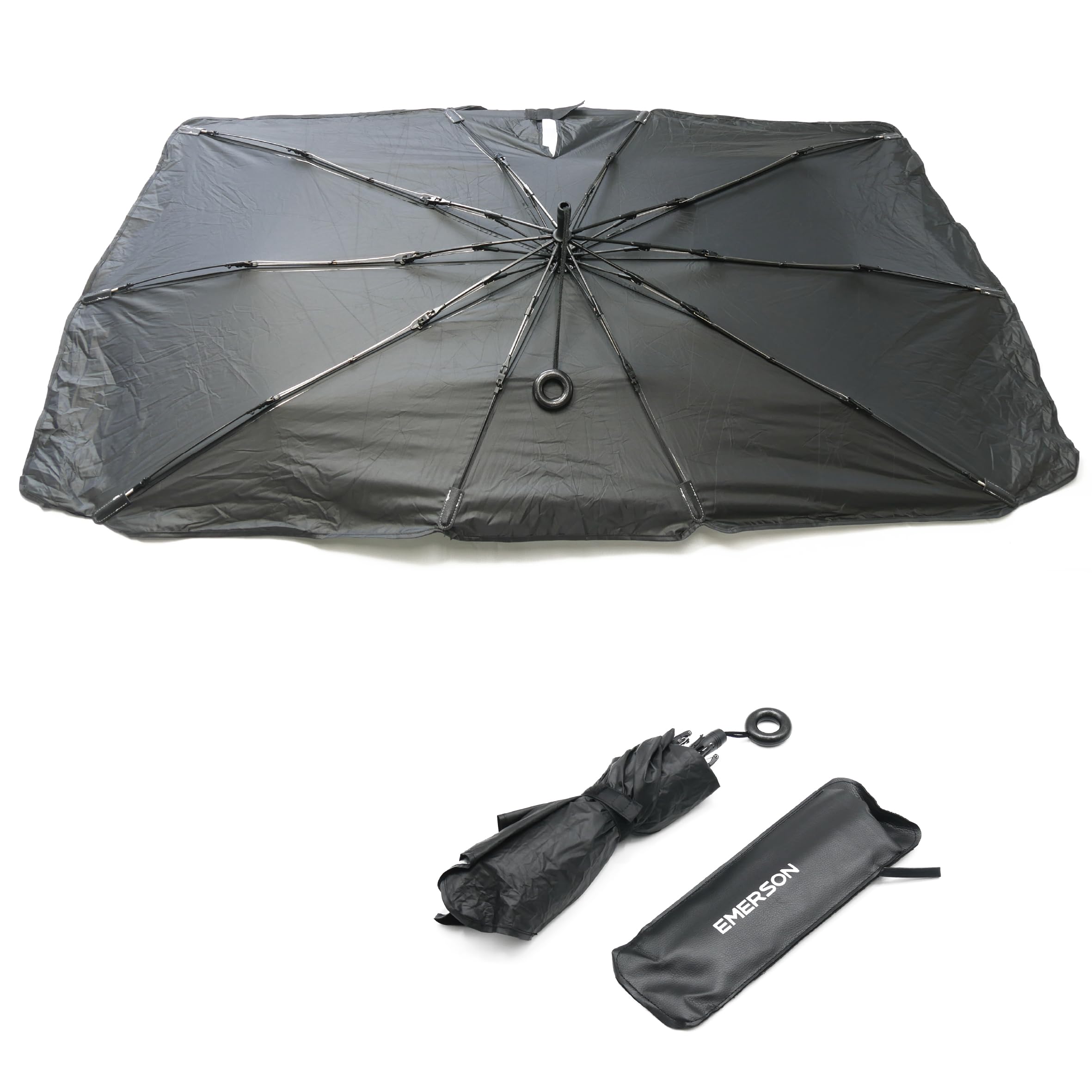 

Emerson Автомобильный бескаркасный зонт на спицах Стиль 1490 мм в ширину x 800 мм для простого крепления к солнцезащитным козырькам Особенности: конструкция с разрезом для зеркала заднего вида, без присосок, простая установка