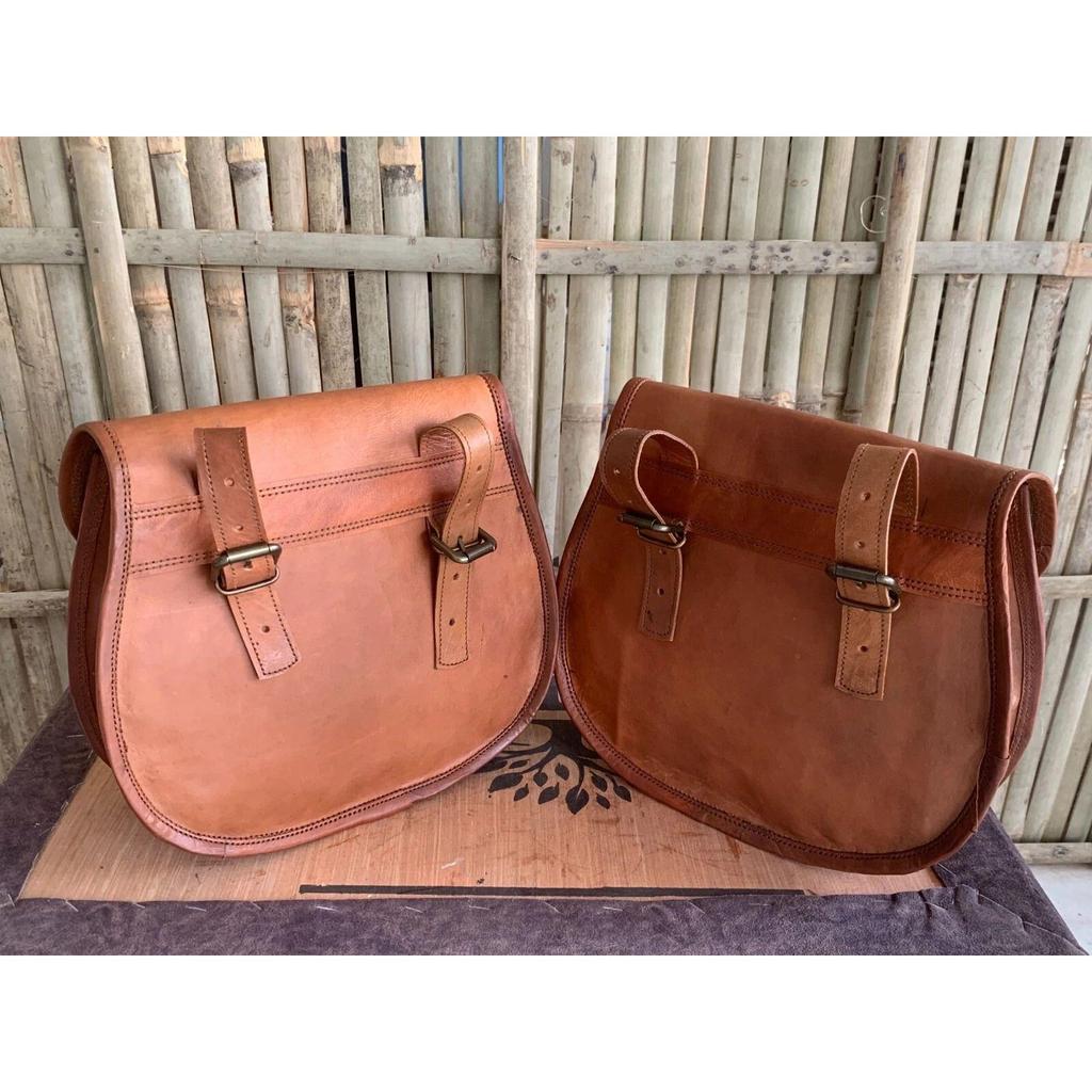 Large Motorcycle Pair Goat Leather Saddle Bags Luggage 2 Brown Bag