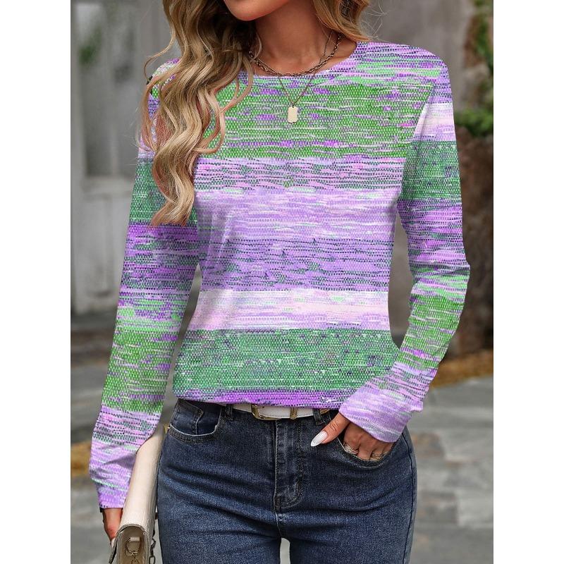 Women's Casual T-shirt 3D Printed stripe prints Round Neck Retro Elegant Long Sleeves Women's Fashion Pullover Long Sleeve Tops