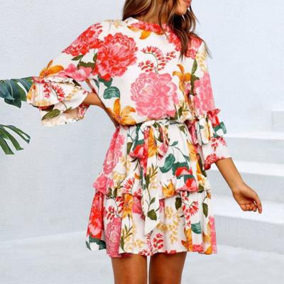 Vestido Curto Estampado Floral Feminino Gola Redonda Manga 3/4 Babado Vestido Evasê com Cinto Boho Babado em Camadas A-Line Fluido Mini Vestido