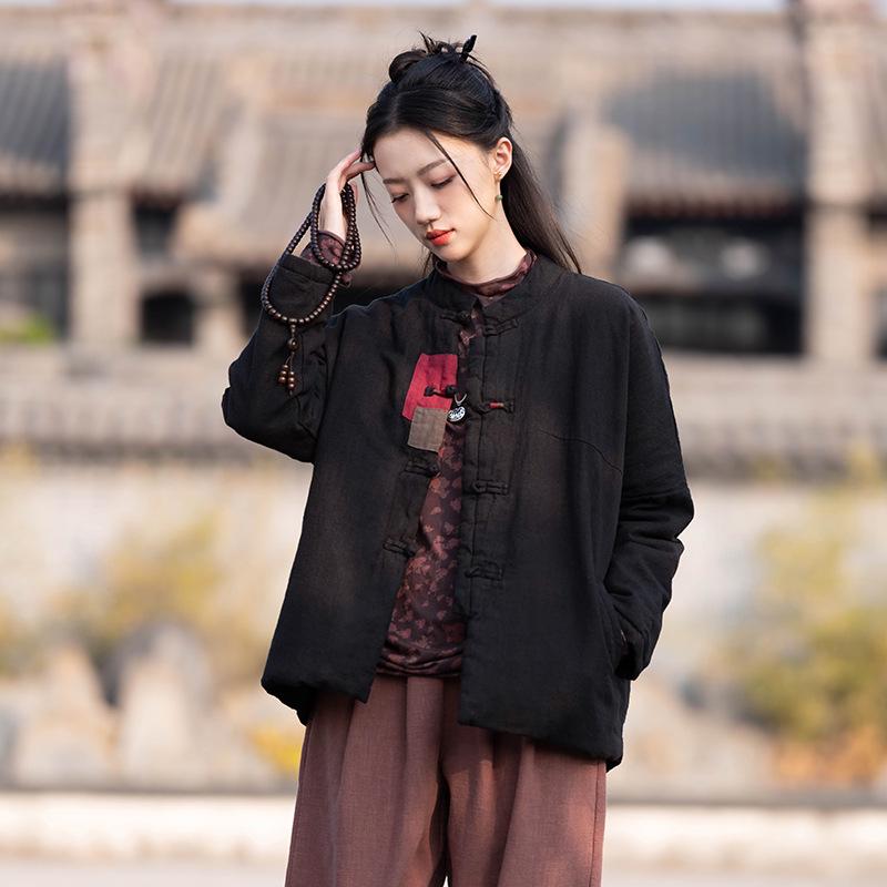 

Women s Retro Patchwork Quilted Cotton Jacket with Cross-Lapel and Frog Button One Size
