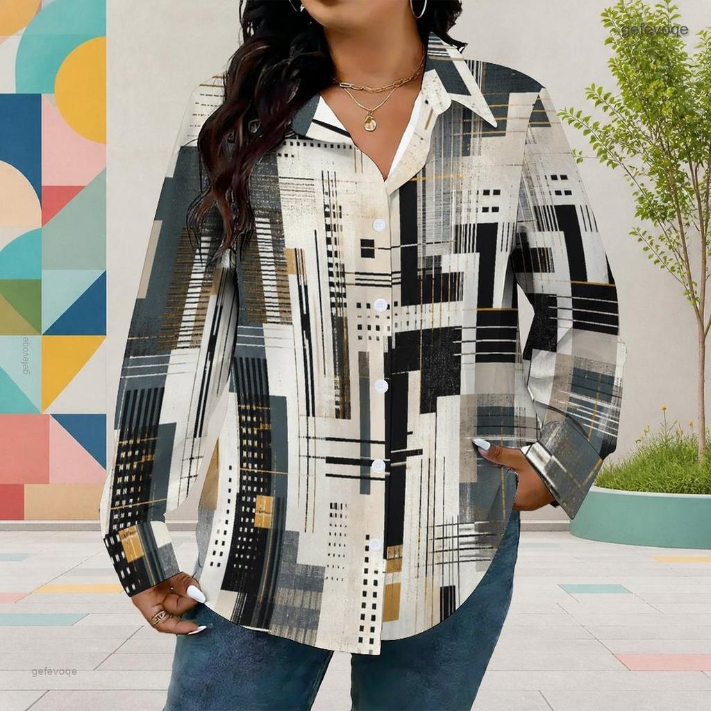 Women Plus Size Abstract Geometric Printed Collared Neck Long Sleeve Button Front Curved Hem Shirt