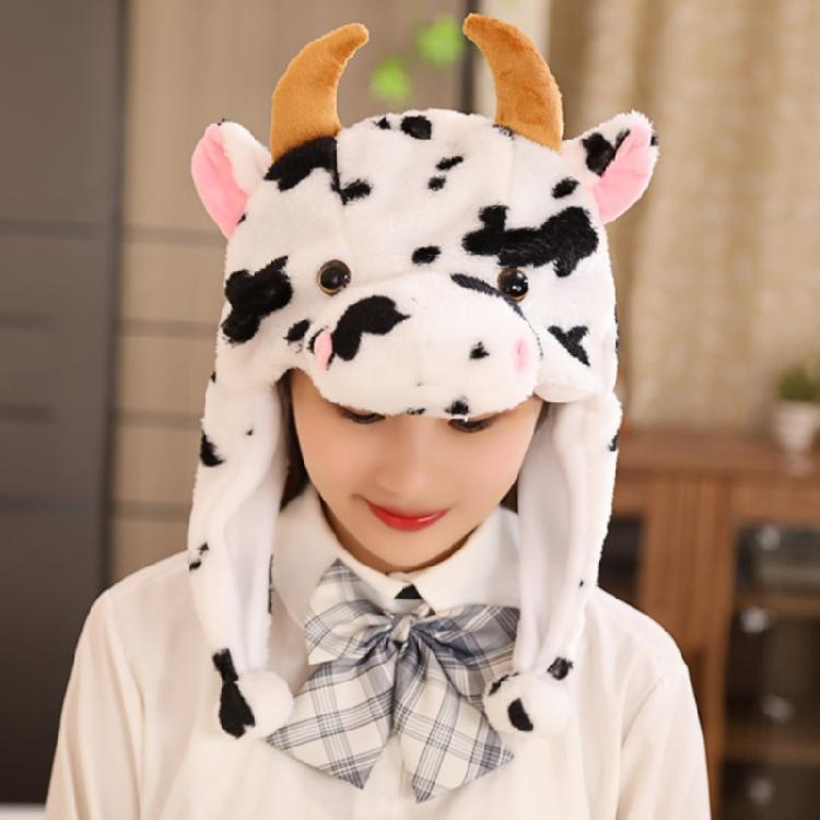 Warm Hat with Jumping Ears Party Stuffed Cow Ox Horn Toy Fleece Cap for Kids
