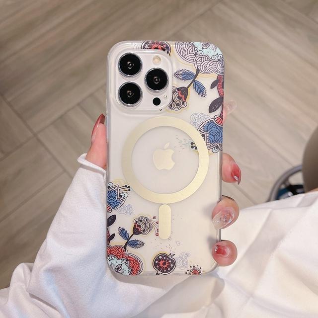 Glossy Skin Multiple Flower Pattern Magsafe Phone Case For Iphone 14 12 11 13 Pro Max 14 Plus Matte Half Clear Shockproof Cover